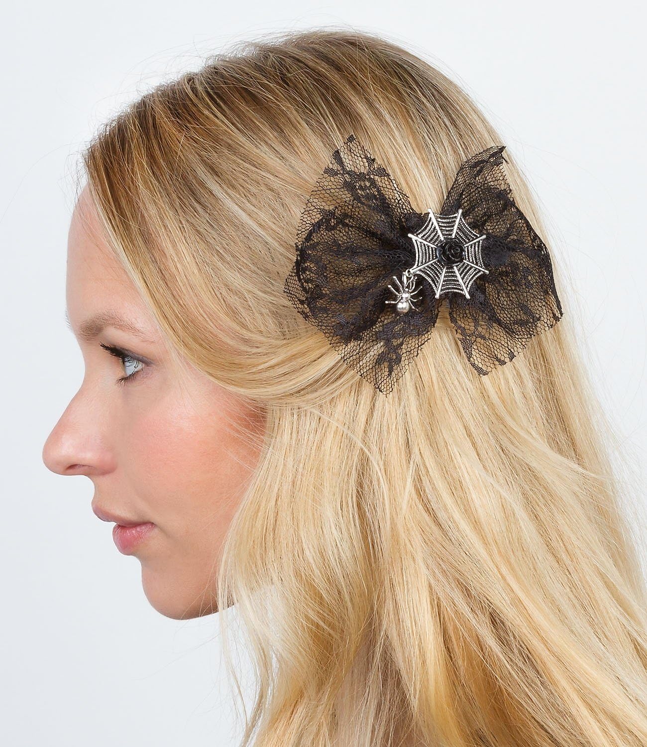 SIX 1 pc. of"Halloween" Black Lace Bow, Beak Clip, With Silver Spider And Cobweb, Clip, Barette, Halloween Costume (329-733)