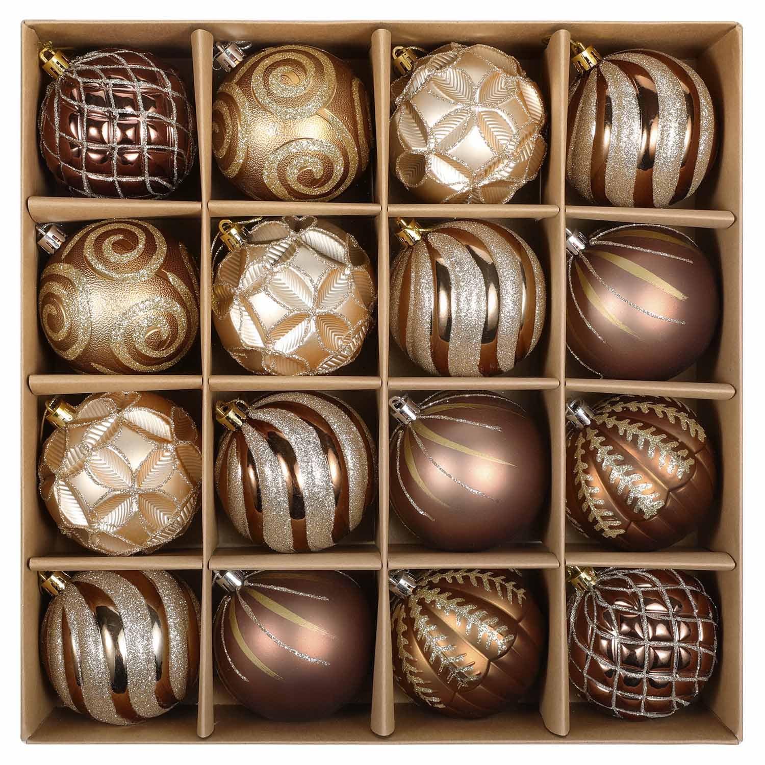 SVNVIOZ Brown Gold Christmas Baubles, 16Pcs 8cm Ball Ornaments Set, Xmas Tree Decorations Shatterproof for Holiday Decoration