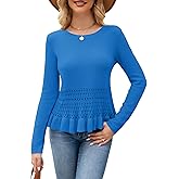 Gleeneat Womens Long Sleeve Cropped Crochet Sweaters Peplum Sweater Cute Crewneck Knit Pullover Tops Fall Outfits