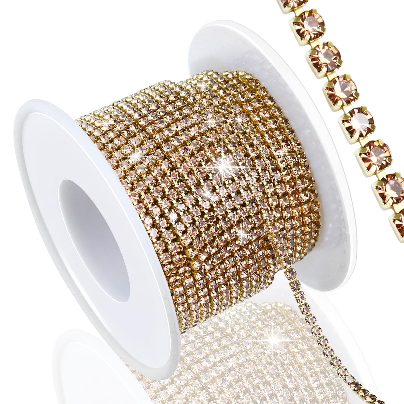 Photo 1 of Dowarm 10 Yards 2MM Crystal Rhinestone Close Chain Trim for Sewing Crocs Shoes Clothes Cups, SS6 Claw Rhinestone Chain for Craft Jewelry Wedding Bouquet DIY Decoration, Light Colored Topaz