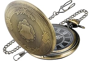 Realpoo Carved Flower Quartz Pocket Watch with Quartz Movement, Pocket Watch with Chain Clip for Men