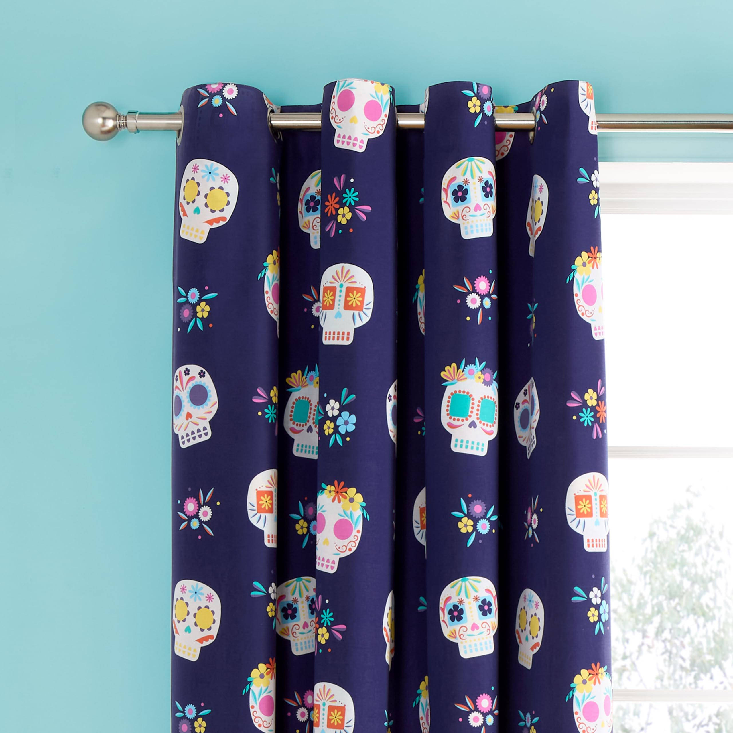 Catherine Lansfield Sugar Skull Fiesta 66x72 Inch Reversible Eyelet Curtains Two Panels Purple