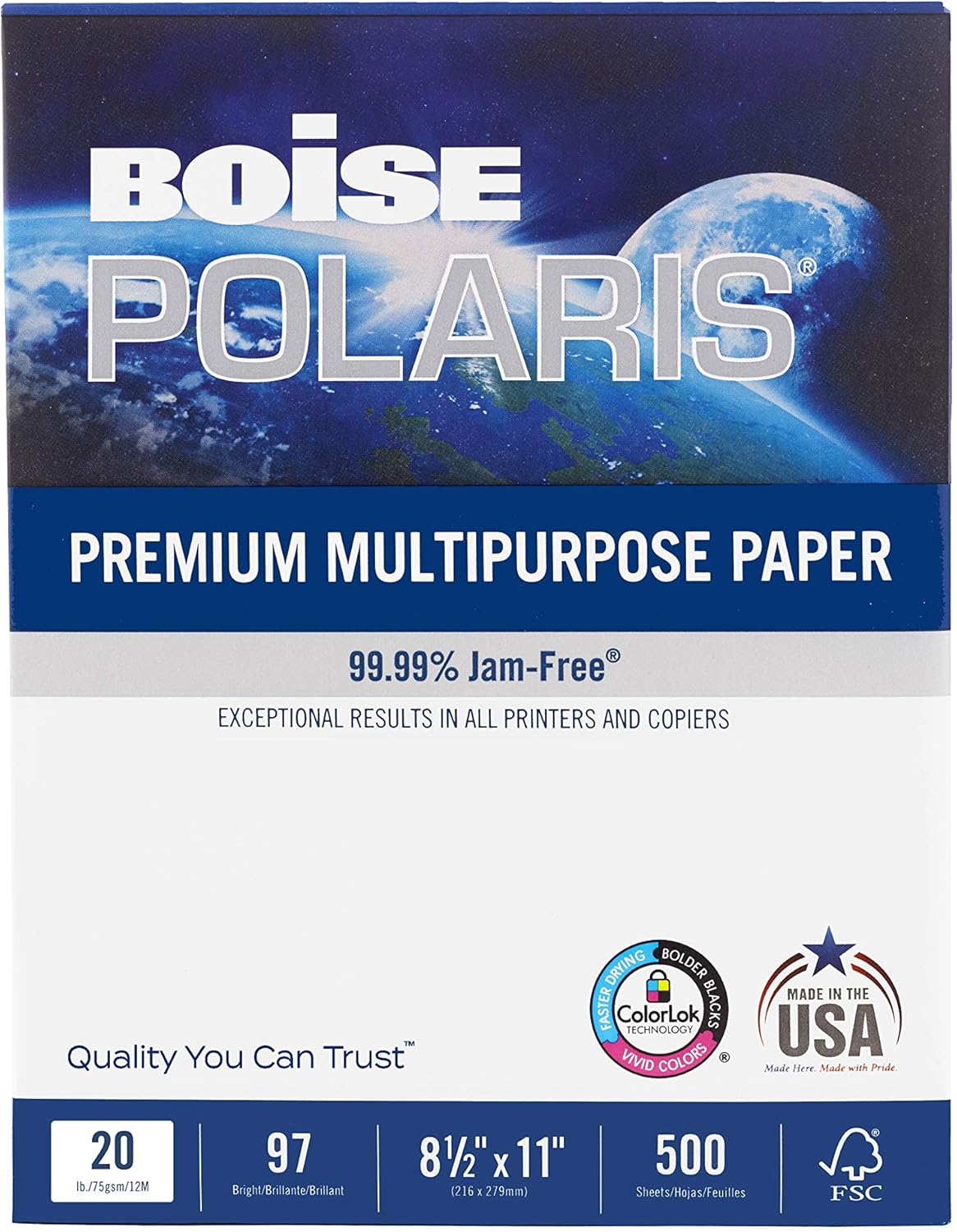 BOISE POLARIS Premium Multipurpose Copy Paper, 8.5" x 11" Letter, 97 Bright White, 20 lb., 10 Ream Carton (5, 000 Sheets) : Multipurpose Paper : Office Products