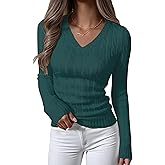 ANRABESS Womens Long Sleeve Cable Knit Sweater 2025 Fall Fashion V Neck Fitted Pullover Top Business Casual Work Fall Outfits