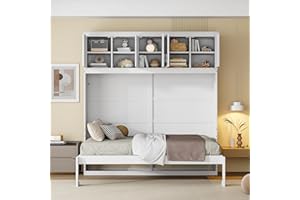 Merax Modern Farmhouse Solid Wood Murphy Bed Chest with Top Cabinets, Tall Wall Platform Bed Space Saving/Wood Slat Support Full,White