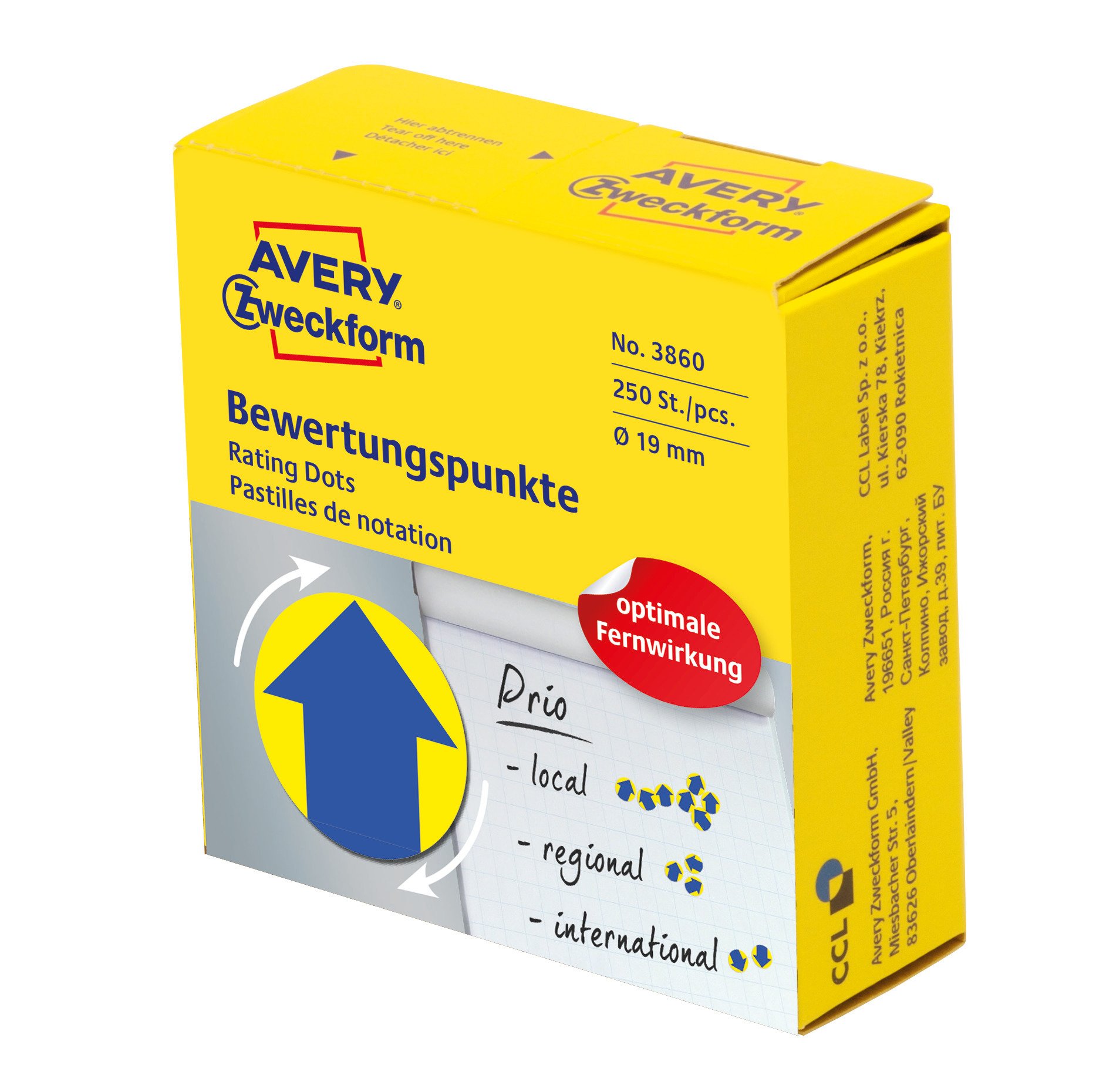AVERY Zweckform Self-Adhesive Dots Pack of 250 (Flexible Assessment Points on Roll in Dispenser, Diameter 19 mm, Arrow Stickers in Blue/Yellow, for Matching, Evaluating and Marking) Article 3860