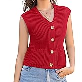Womens Summer Crop Knit Sweater Vest Sleeveless Button Down Chunky Knit Vest Cardigan with Pockets