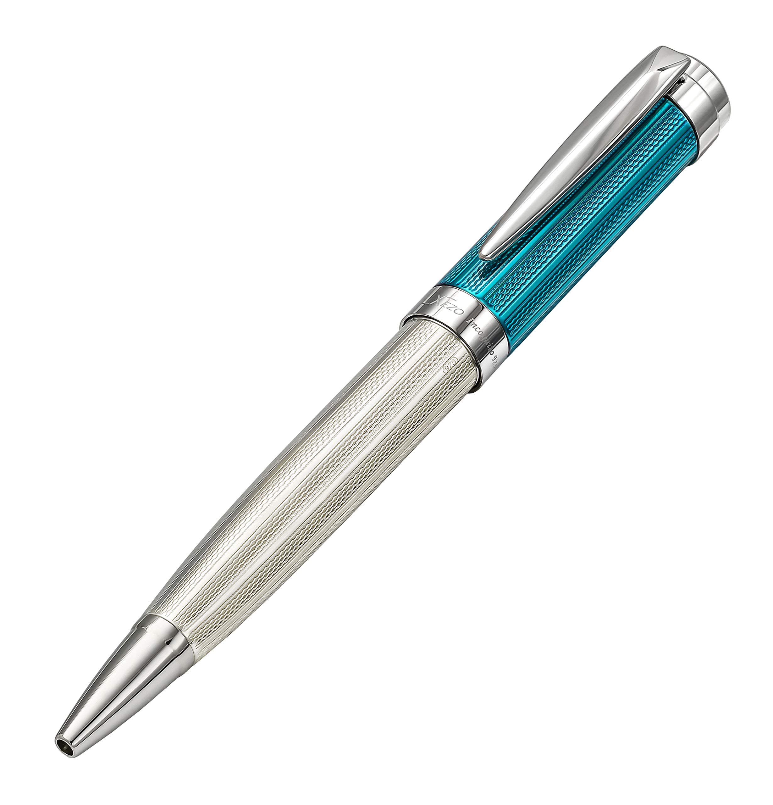 Xezo Incognito Twist-Action Ballpoint Pen, Solid 925 Sterling Silver with Azure Blue Lacquered Cap. Pure Platinum Plated. Weighty & Diamond-Cut Engraved. Limited Edition