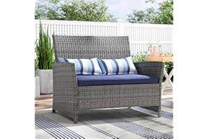 SUNSITT Outdoor Wicker Loveseat with Cushions, 2 Seats Patio PE Rattan Sofa with Lumbar Pillows, Grey Wicker & Blue Cushions, Porch, Backyard, Garden, Pool, Steel Frame