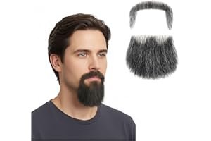 Bromobiz Realistic Extended Mustache Made with Human Hair, Fuller Look Fake Beard with Invisible Lace, Natural Looking Fake Mustache for Men’s Cosplay, Halloween, and Costumes (Black)