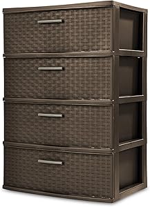 STERILITE 4-Drawer Wide Weave Tower, Espresso Frame & Drawers w/Driftwood Handles, 1-Pack