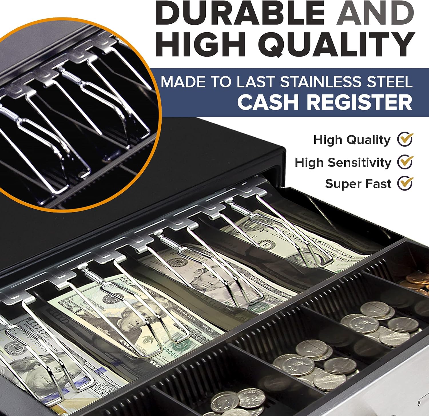 Mini Cash Register Drawer 13” for Point of Sale (POS) System - Black with Stainless Steel Front - Fully Removable 2 Tier Cash Tray, 4 Bill/5 Coin, 24V, RJ11/RJ12 Key-Lock, Double Media Slot : Electronics