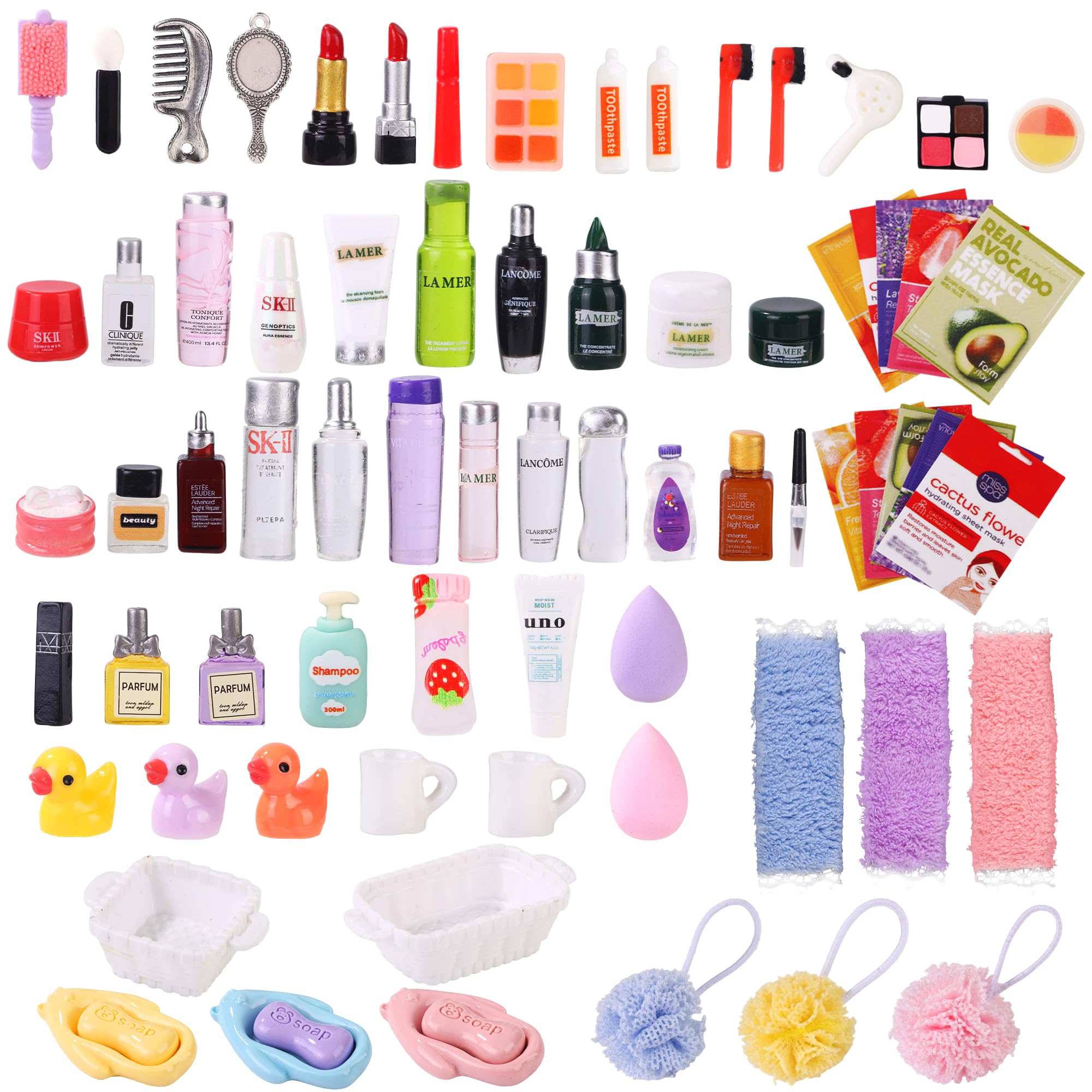 DIYDEC 75Pcs Dollhouse Mini Jewelry Storage Case Miniature Bathroom Accessories Figurines with Makeup Set Towel Cosmetic Toothbrush Shampoo Perfume Hair Dryer Comb Purse Doll Backpack Micro Scene