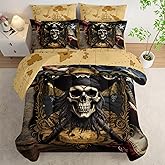 AILONEN Pirate Skull Comforter Set Queen Size,7-Piece Soft Bed in a Bag,Retro American Flag Captain Skull Comforter & Fitted Sheet & Flat Sheet & 2 Pillowcases,2 Pillow Shams