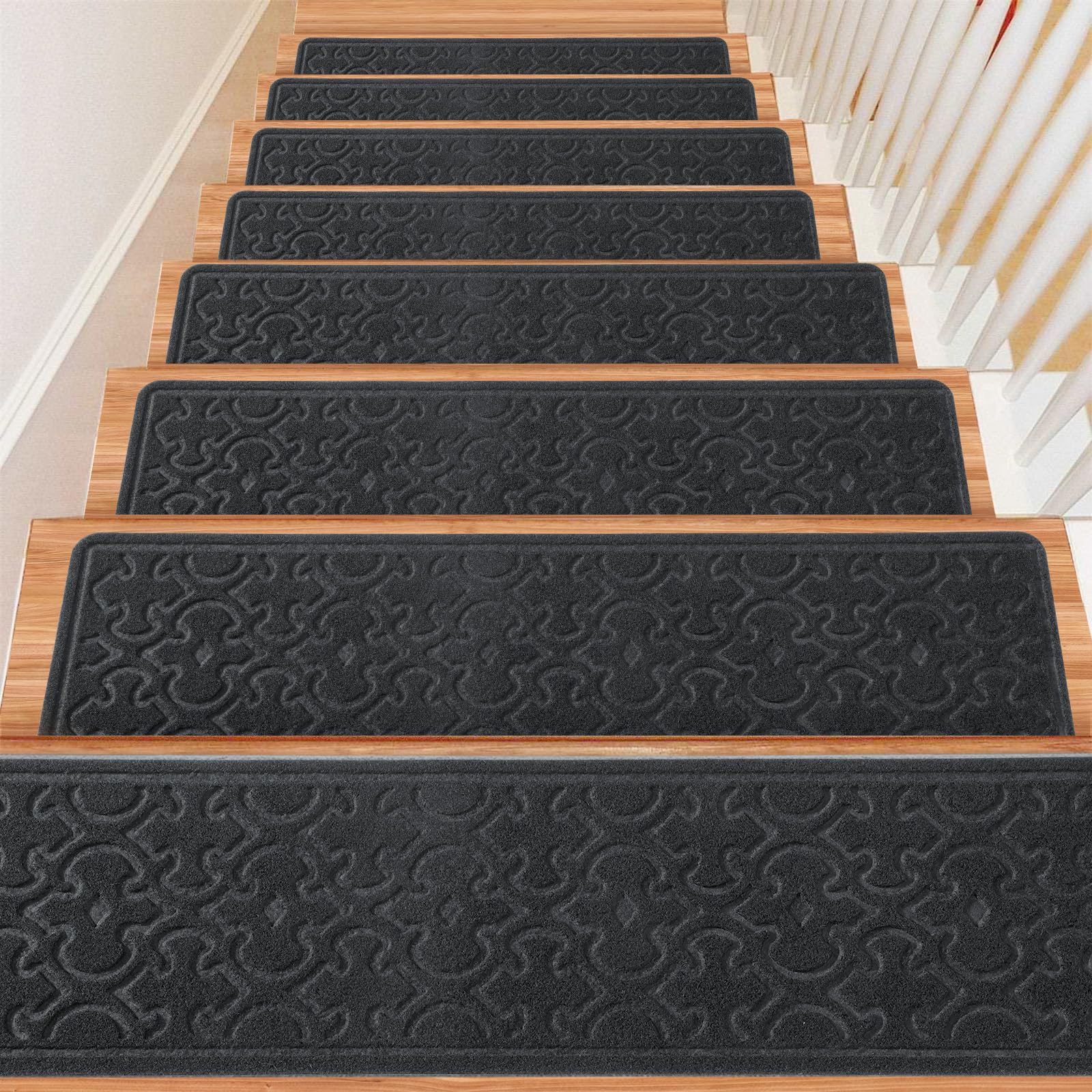 15Pcs Stair Treads for Wooden Steps With Self Adhesive, 8"x30" Non Slip Stair Runners-Peel & Stick Indoor Stair Carpet Runner, Resistant Runner for Kids, Elders and Pets, Black Image