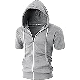 Ohoo Mens Slim Fit Zip up Hoodie Short Sleeve Thin Jacket Full Zip Sweatshirt with Kanga Pocket