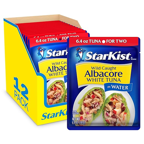 STARKIST ALBACORE WHITE TUNA IN WATER, 6.4 OZ POUCH (12 PACK) READY TO EAT WILD CAUGHT TUNA, 19G PROTEIN PER SERVING, 90 CALORIES PER SERVING,GLUTEN FREE, SOY FREE, KOSHER, PERFECT FOR MEALS & SNACKS