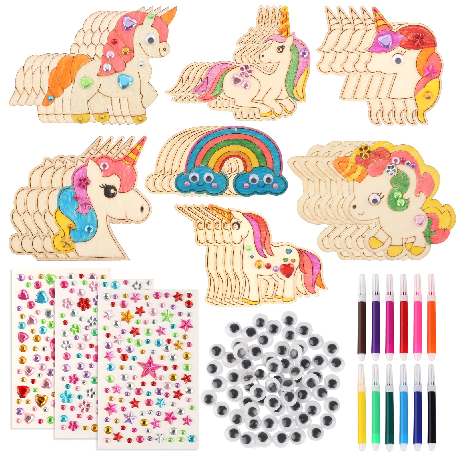 JIANGZHIB 35 Piece Unicorn Craft Set Kit, Unicorn Wood Craft Set with 50 Eyes, 3 Gemstone Stickers and 12 Watercolour Pens, Crafts for Painting Children for DIY Crafts Children's Birthday Parties