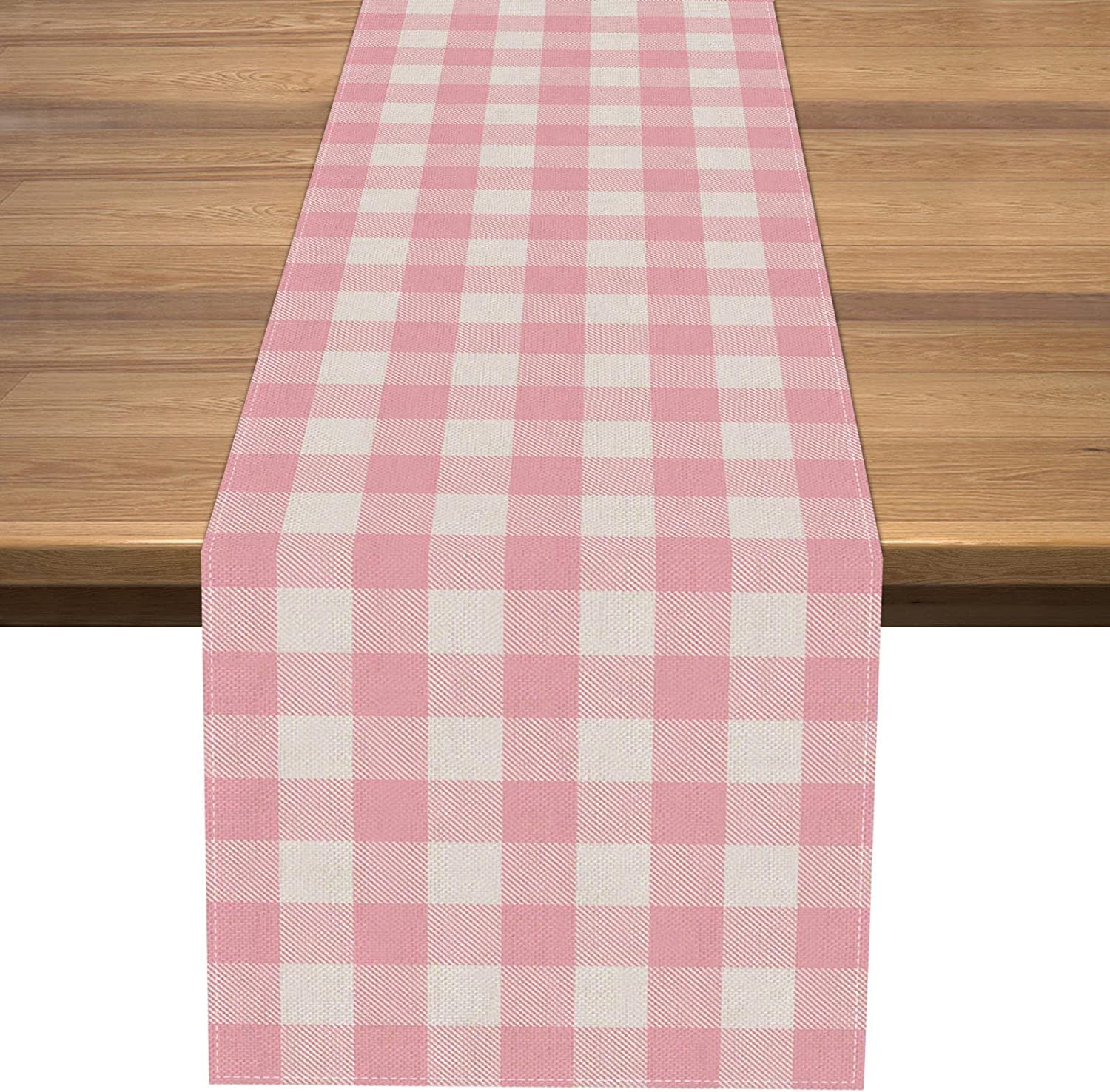 Photo 1 of Nepnuser Linen Pink and White Buffalo Check Plaid Table Runner Gingham for Pink Farm Birthday Party Easter Home Decorations (13" x 120")