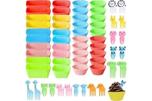 Silicone Muffin Cup Set – 60‑Piece Colorful Baking Liners in Round, Square & Rectangle Shapes with 20 Animal Food Picks, BPA‑