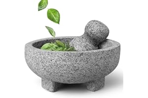 Flexzion Granite Mortar and Pestle Set - Solid Granite Stone Grinder Bowl Holder 6 Inch Molcajete for Guacamole, Herbs, Spice