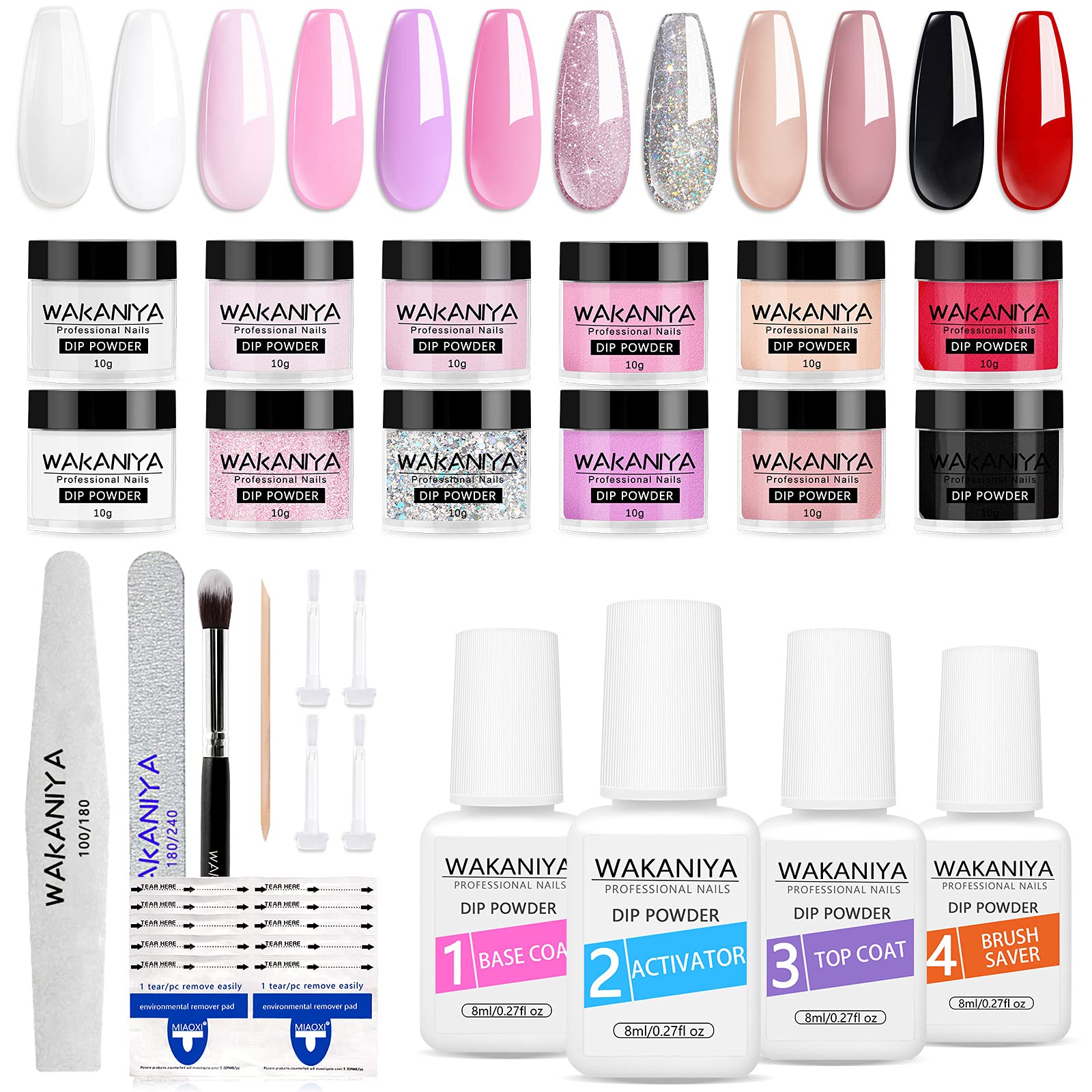 Dipping Powder Starter Kit, 8 Colors Dip Powder Nail Kit with 4 Liquid Base Top Coat Activator Brush Saver, Clear Pink Glitter Dip Powder for DIY Home Nail Art Manicure System, No Need UV Lamp