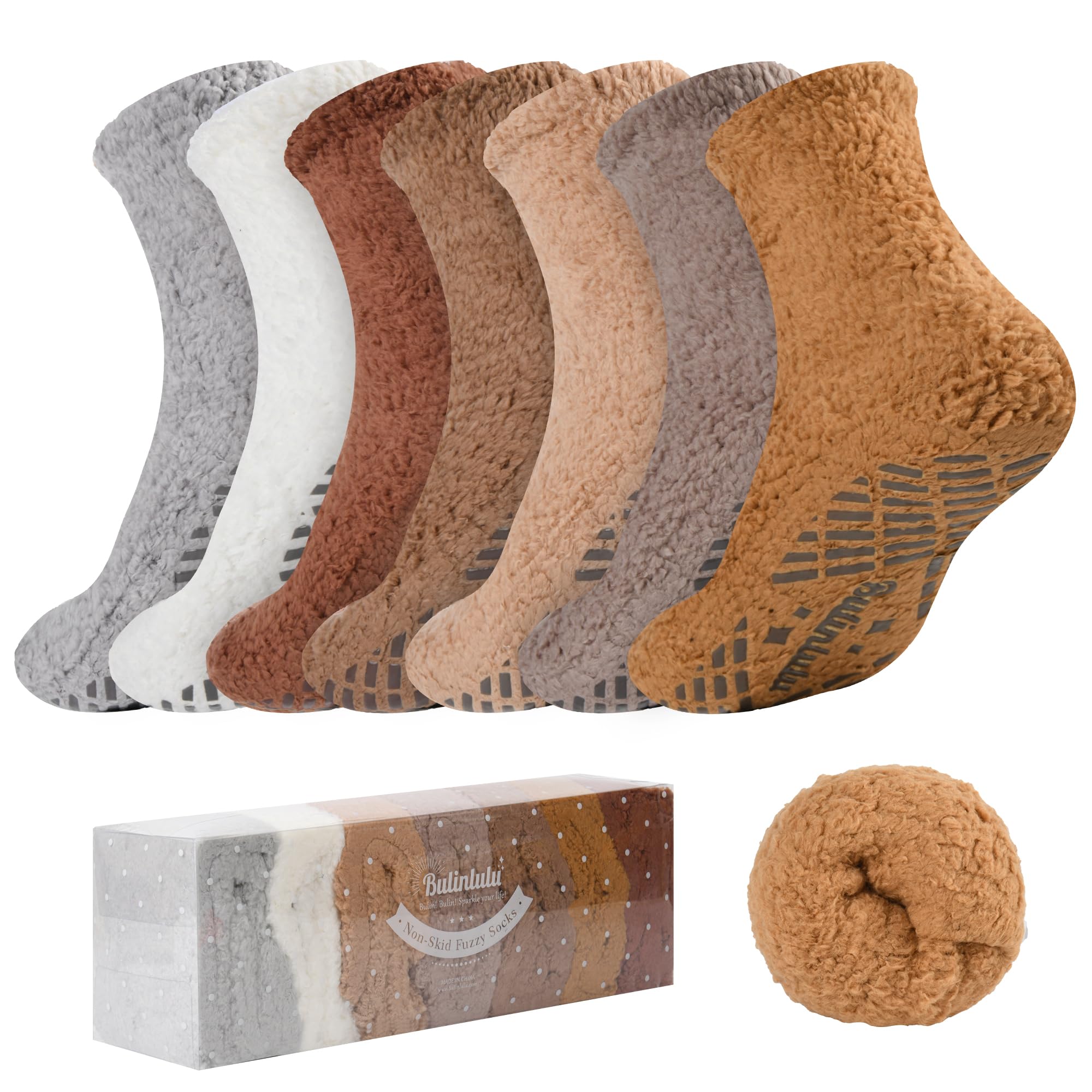Bulinlulu Fuzzy Socks with Grips Plush Sleep Cozy Winter Soft Hospital Fluffy Socks Gifts for Womens Mens Gifts(Peanut Butter/White/Dark Grey/Brick Red/Yellow/Brown/Grey) Image