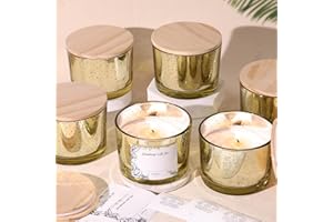Simeitol 16 OZ Gold Candle Jars for Making Candles 6 Pcs, Glass Candle Jar with Airtight Bamboo Lids - Empty Candle Jars Bulk with Sticky Warning Labels - for Home, Wedding, Christmas Decoration