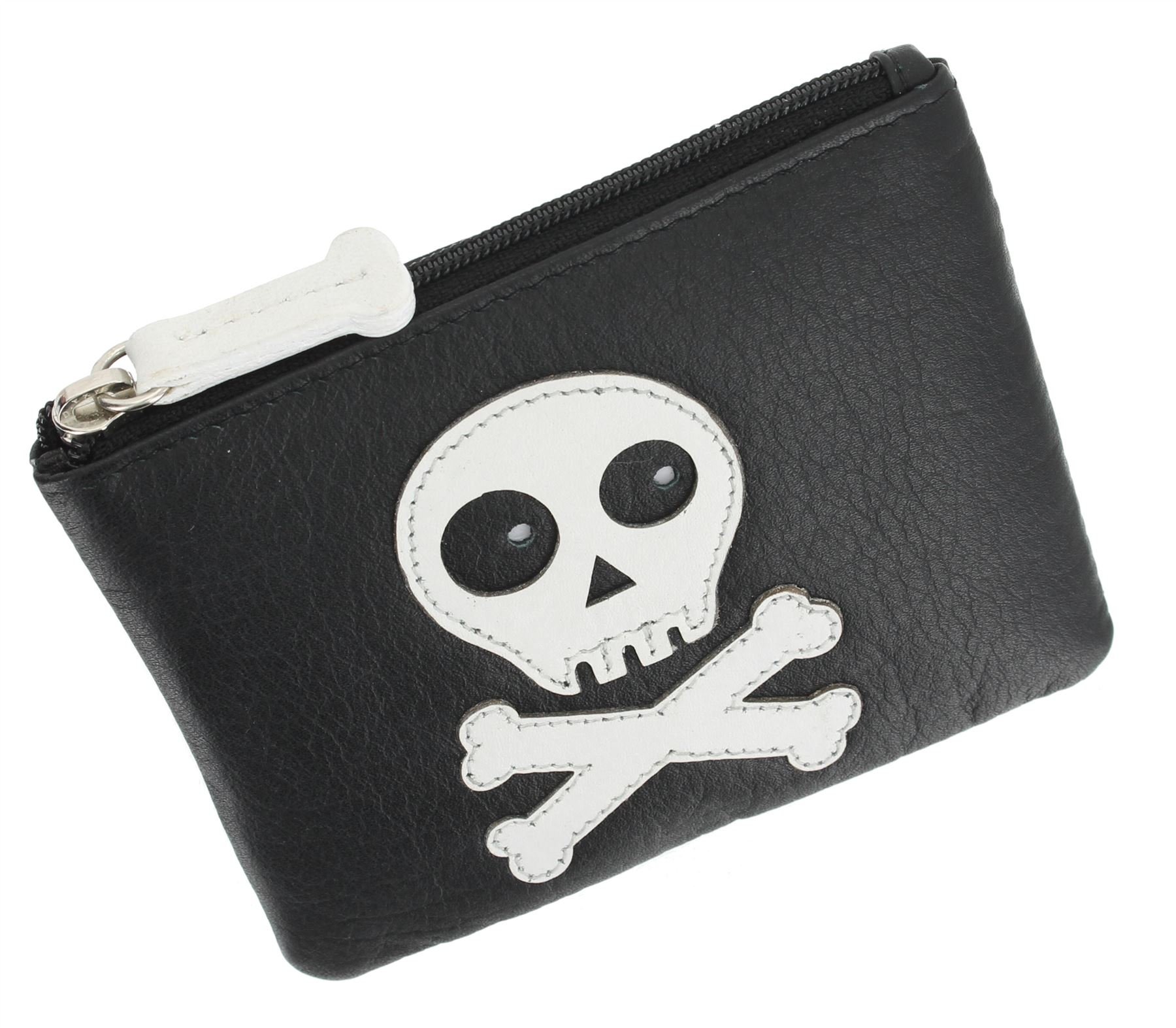 Mala Leather Skull and Crossbone Zip Top Leather Coin Purse with Keychain 485_11 Black