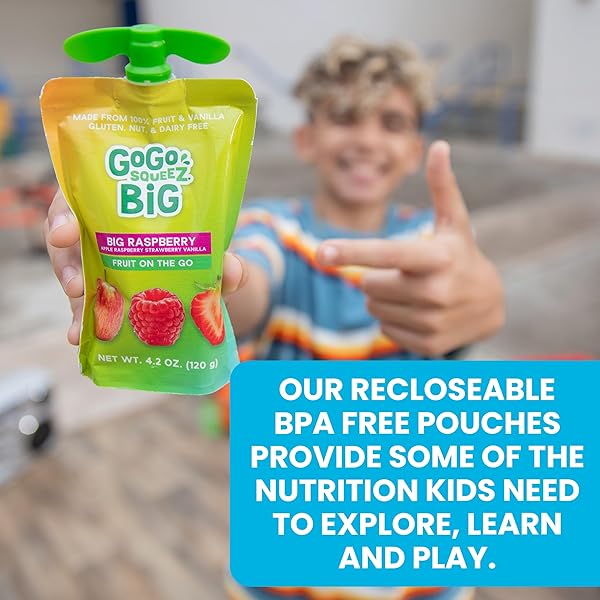 GOGO SQUEEZ BIG APPLESAUCE & FRUIT PUREE WITH VANILLA AND CINNAMON VARIETY PACK, PEAR & RASPBERRY, 4.2 OZ. (PACK OF 20), UNSWEETENED FRUIT SNACKS FOR KIDS, GLUTEN FREE, NUT FREE, DAIRY FREE POUCHES