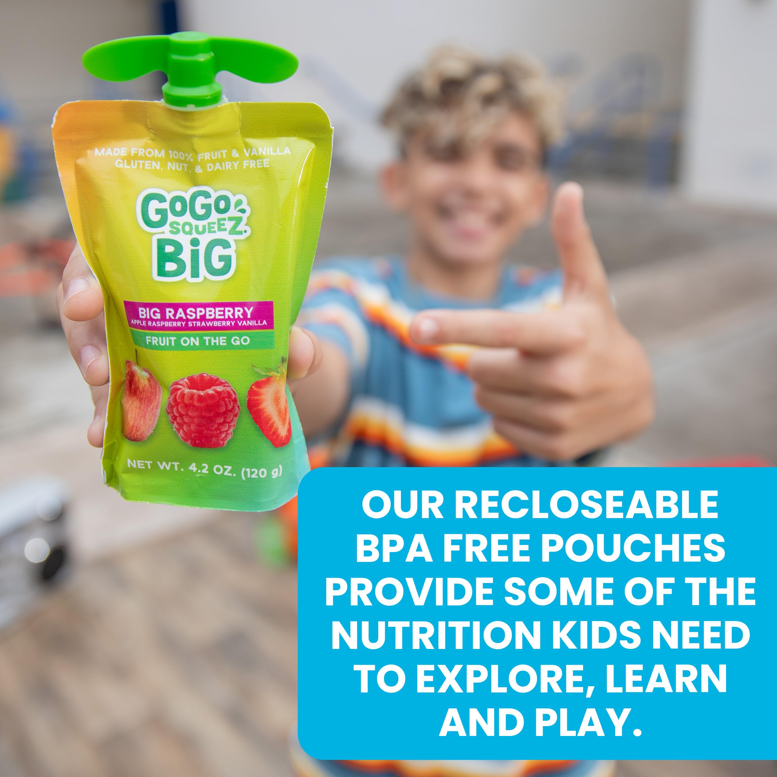 GoGo SqueeZ BIG Applesauce & Fruit Puree with Vanilla and Cinnamon Variety Pack, Pear & Raspberry, 4.2 oz. (Pack of 20), Unsweetened Fruit Snacks for Kids, Gluten Free, Nut Free, Dairy Free Pouches