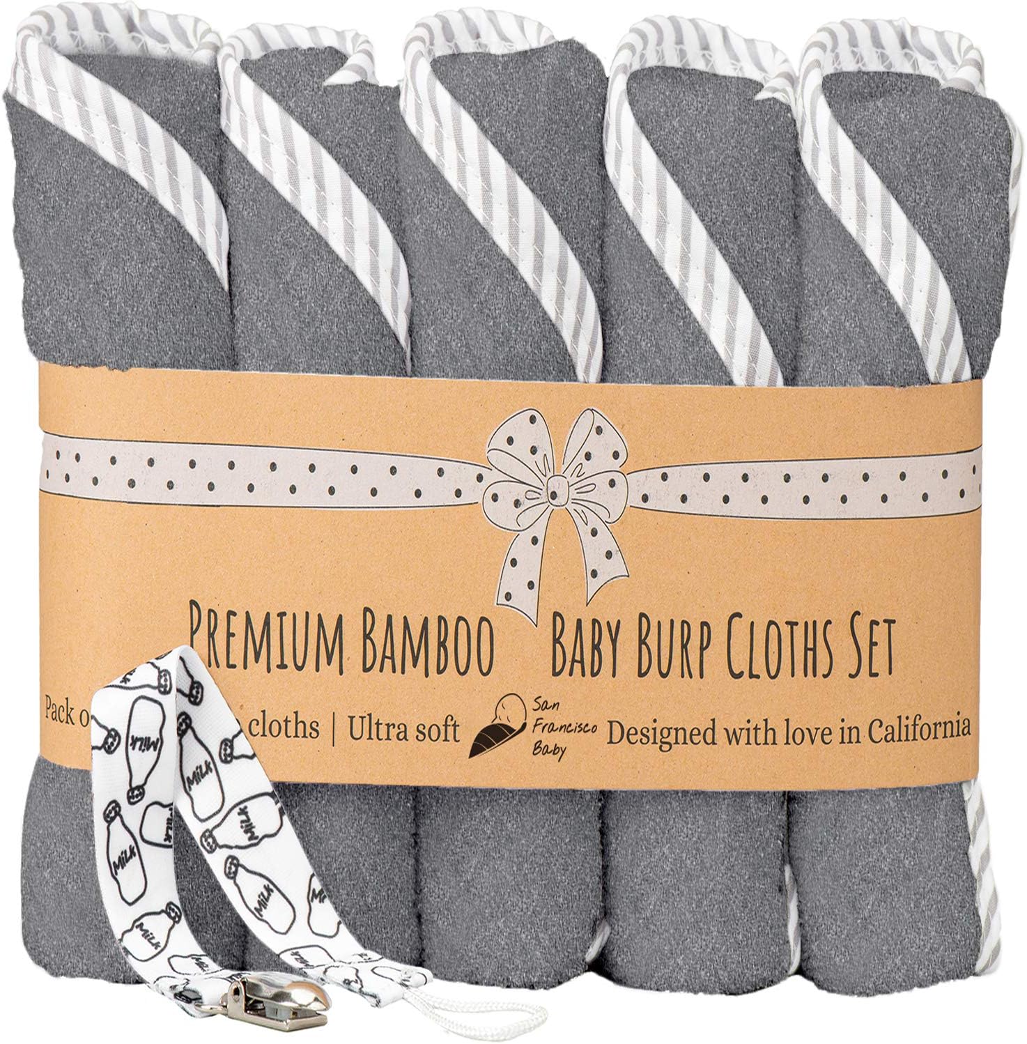 Burp Cloths Unisex 5 Pack Bamboo and Cotton w/ Pacifier Clip - Ultra Soft, Comfortable Fabric - Extra Absorbent Burping Bib for Spit-Ups and Spills - 19 x 9” Baby Burp Cloths Gray: Baby