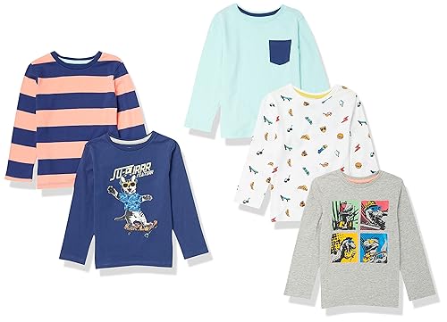 Amazon Essentials Boys' Long-Sleeve T-Shirts, Pack of 5, Light Blue/Navy/White, Small