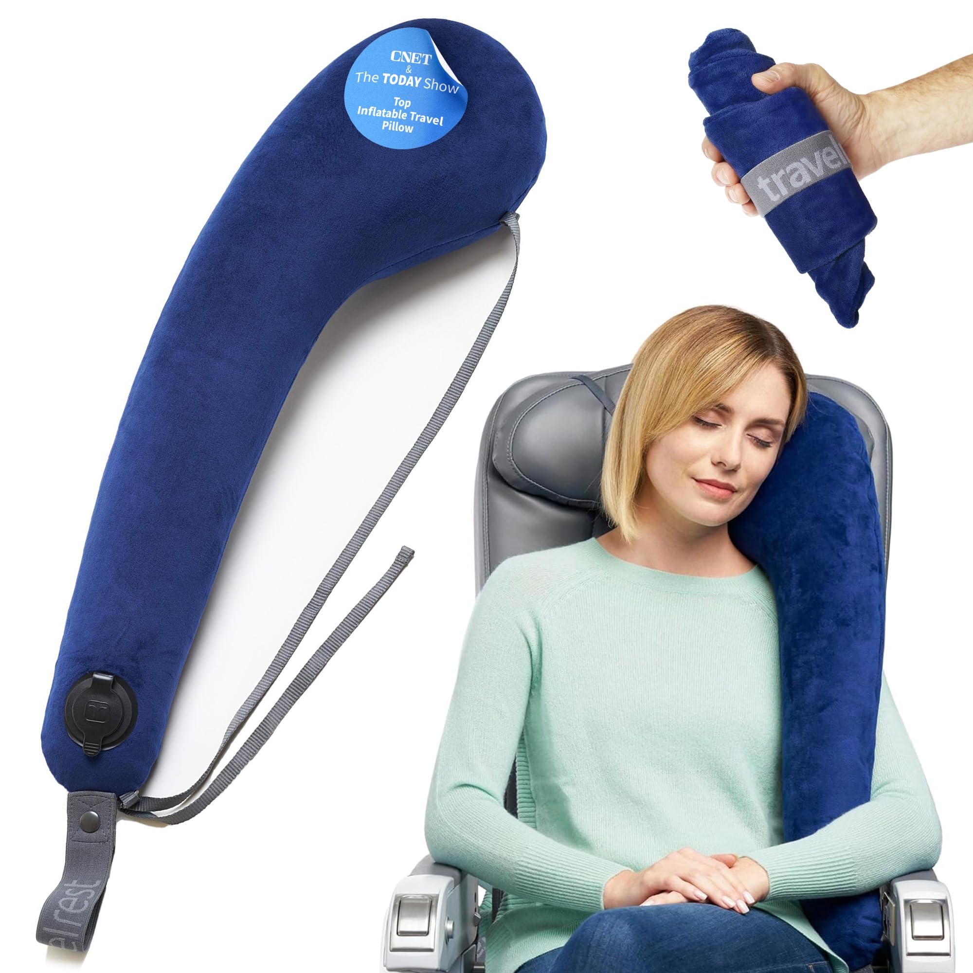 Travelrest All-in-One Neck & Body Pillow, Advanced Support Design, Travel Essential, Memory Foam Inserts, Washable, Inflatable, Airplane, Car Seat, Sleeping on Long Flights & Trips (Blue)