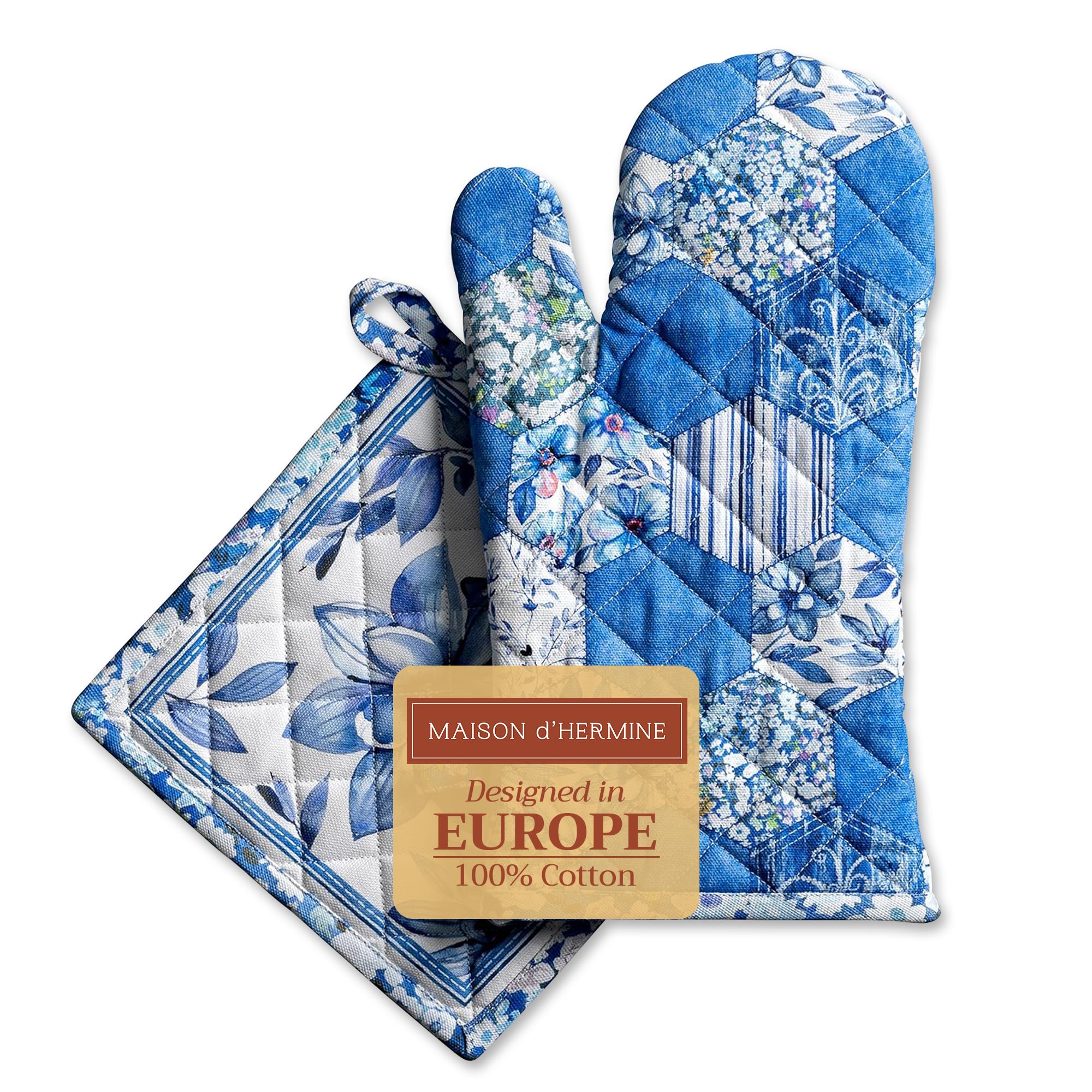 Maison d' Hermine 100% Cotton Oven Mitt & Pot Holder Set (19 x 33 cm & 20 x 20 cm) Heat Resistant BBQ Cooking Gloves with Loop for Baking Handling Hot Pans Gifts for Mothers Day (Summer Blues)
