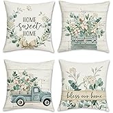 Bonhause Eucalyptus Leaves Throw Pillow Covers 18 x 18 Inch Blue Truck Home Sweet Home Farmhouse Decorative Pillows Polyester Linen Cushion Cases for Couch Sofa Bed Home Decor Set of 4