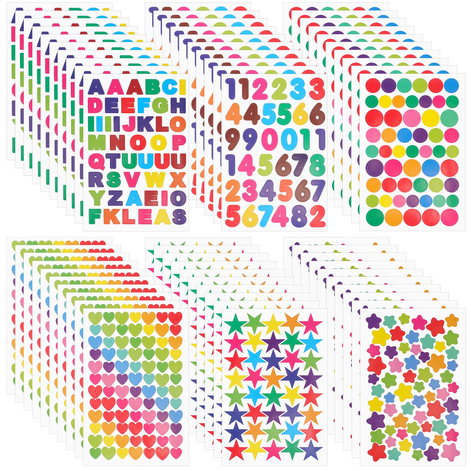 60 Sheet Star Stickers for Kids, Heart Dot Alphabet Number Colorful Reward Chart Stickers for Handmade Scrapbook Decoration