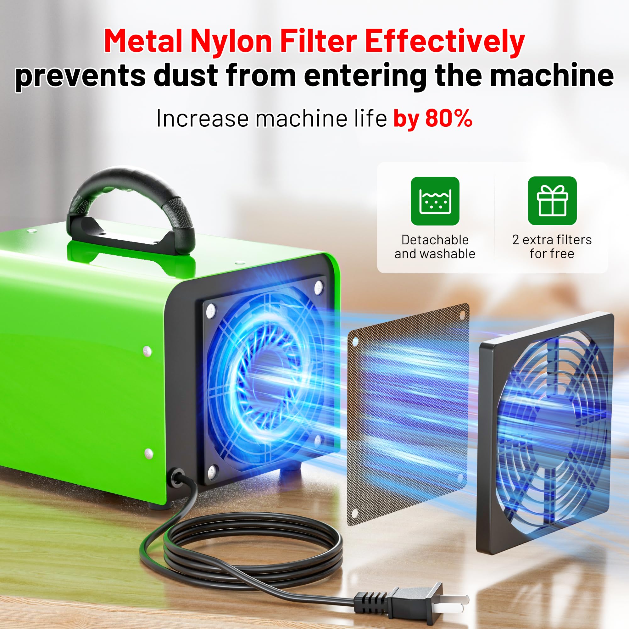 Ozone Generator 90,000mg, Upgraded Triple-Layer Ozone Output Board–Ozone Machine For Areas up to 5,500 sq. ft,Industrial & Home O3 Air Purifier for Home,Rooms, Smoke, Cars,and Pet (Green)