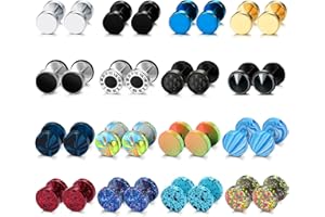 FIBO STEEL 16 Pairs Fake Gauge Earrings for Men Women Stainless Steel Stud Earrings Cheater Ear Plug Faux Gauges Earrings Ear Tunnel
