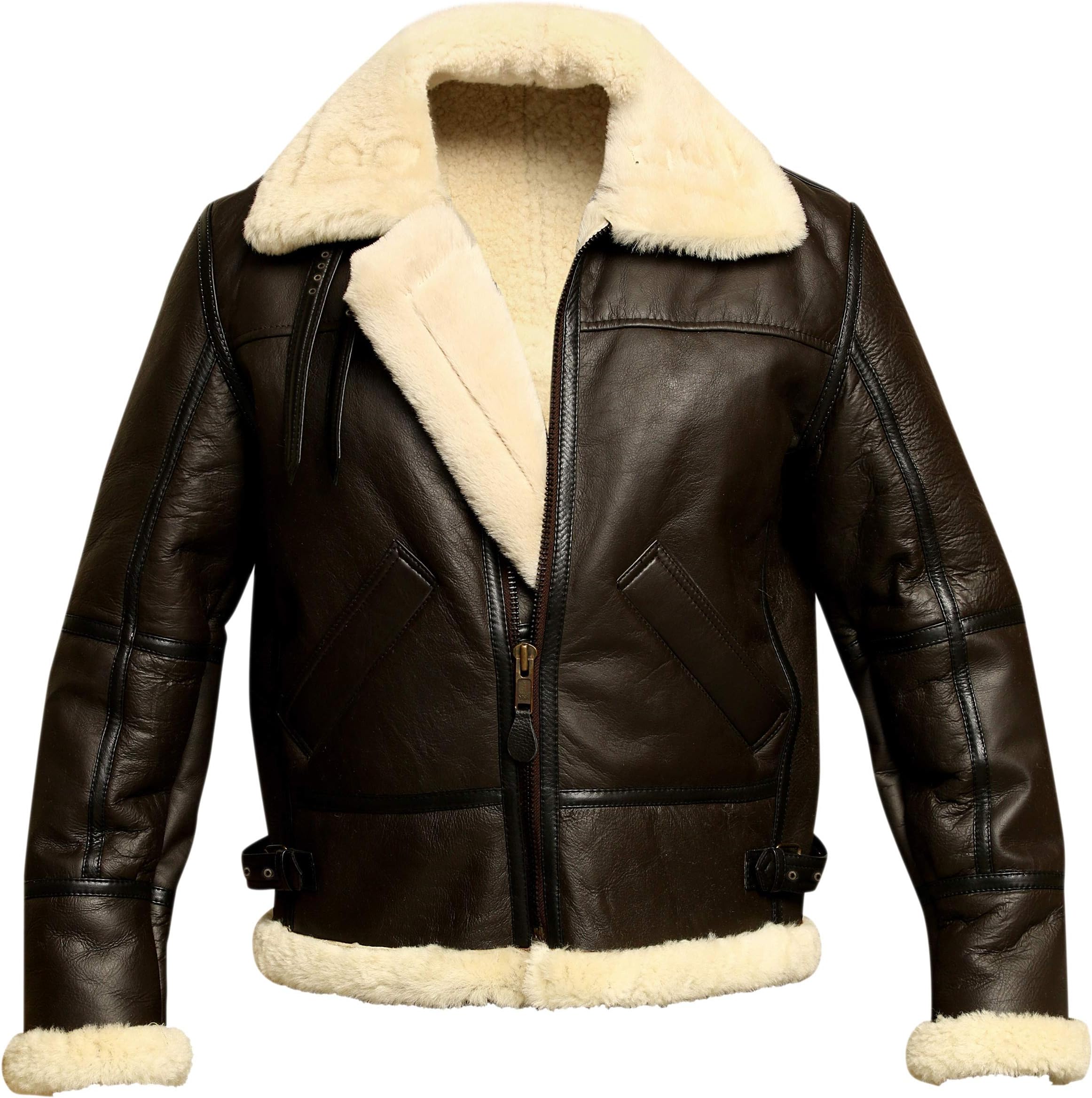GENUSKINB3 Brown Bomber WWII Real Cowhide Leather Flight Aviator Jacket with Faux Shearling