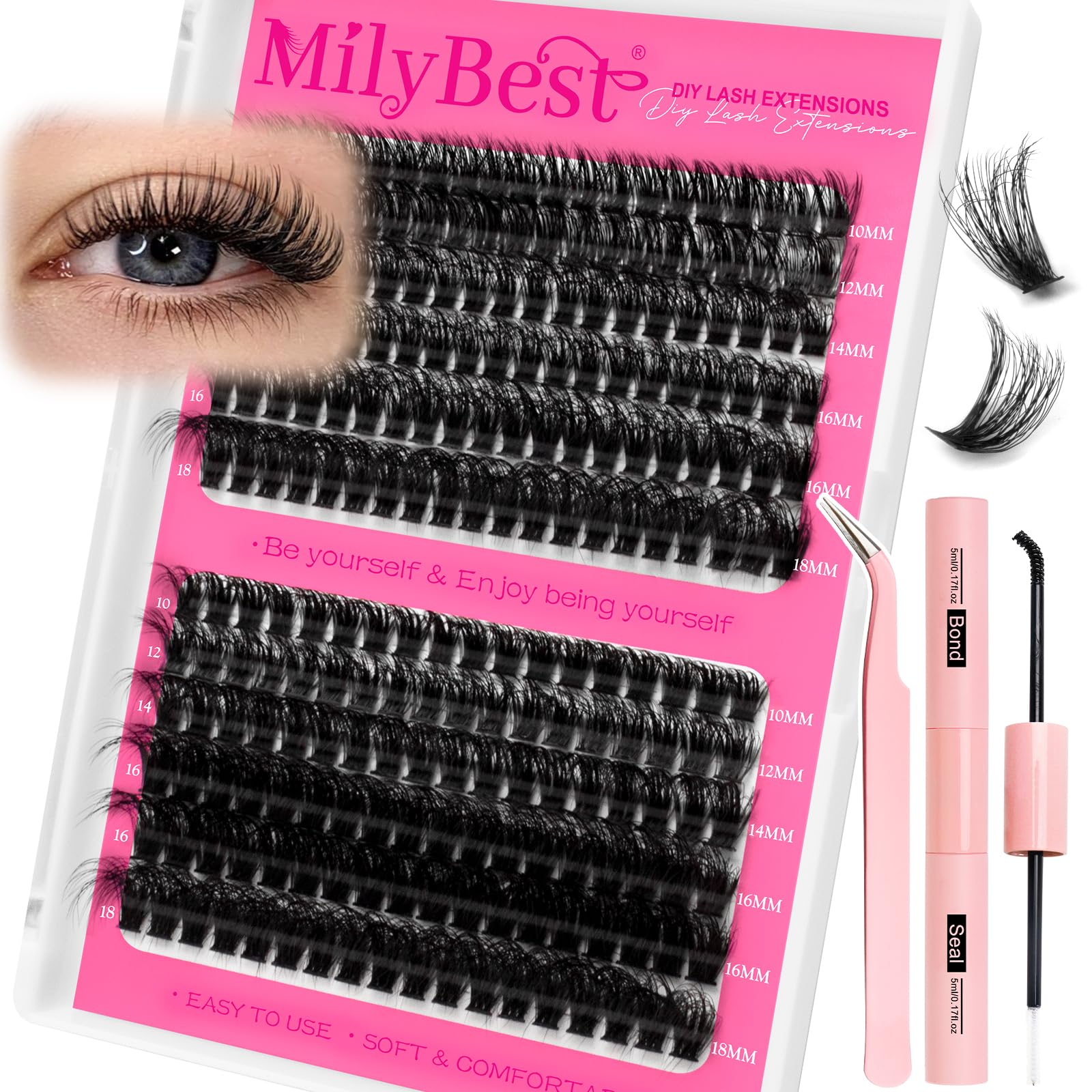 Photo 1 of ***PARTIAL SET/ MISSING LASHES*** MilyBest Lash Clusters Kit 60D 80D Fluff Cluster Eyelash Extensions 10-18mm Individual Lashes Clusters D Curl Lash Extension Kit, Waterproof Thick Volume Eyelash Clusters with Bond & Seal, Tweezers