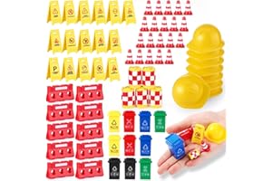 HYDREN 81 Pcs Mini Traffic Signs for Kids Mini Construction Toys Road Street Warning Signs Miniature Plastic Traffic Cones Garbage Can Roadblocks Safety Educational Playset for Kids Boys Girls