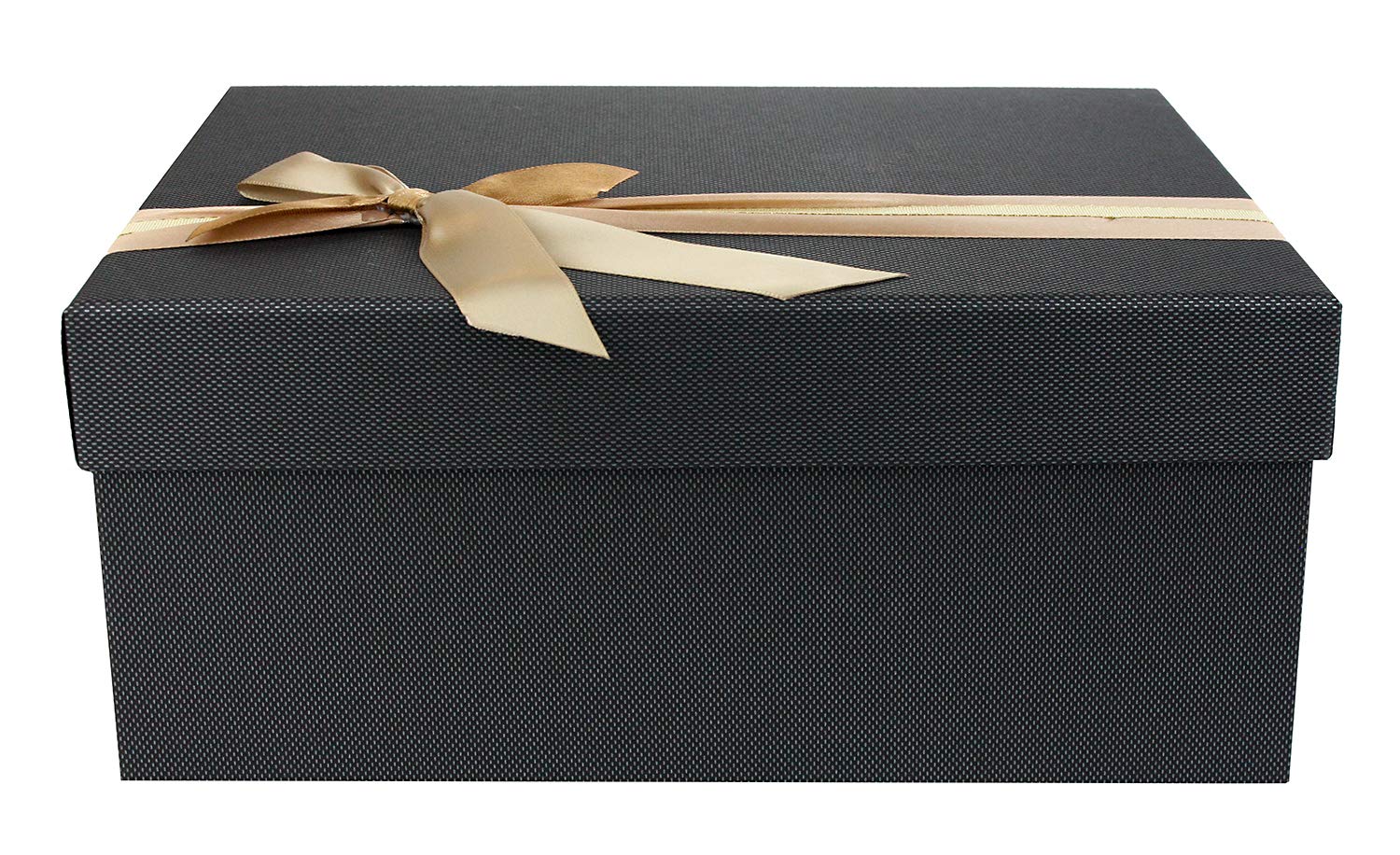 Emartbuy Rigid Luxury Rectangle Shaped Presentation Gift Box, 25.5 cm x 18.5 cm x 11.5 cm, Textured Black Box with Lid, Printed Interior and Gold Beige Satin Decorative Ribbon