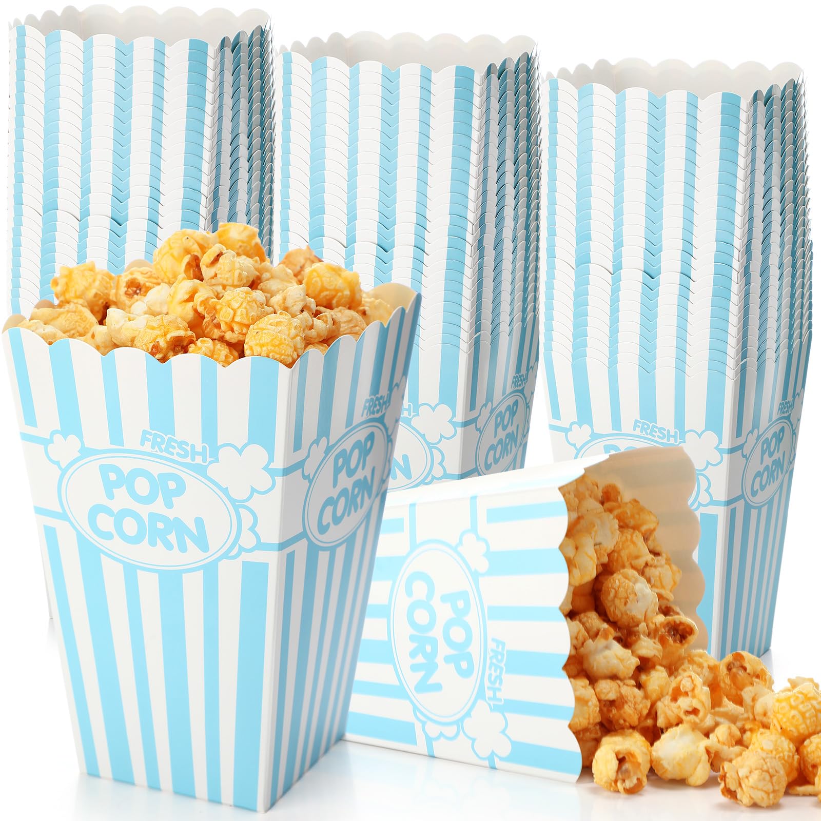 Photo 1 of Xinnun 100 Pcs Popcorn Boxes 32oz Classic Stripe Paper Buckets Disposable Oil Proof Popcorn Container Retro Open Top Box for Movie Night Supplies Theaters Carnival Birthday Party(Light Blue and White)