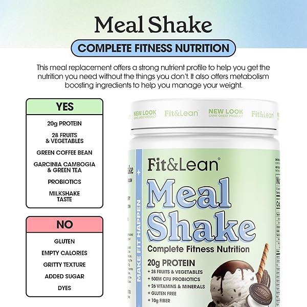 FIT & LEAN MEAL SHAKE, FAT BURNING MEAL REPLACEMENT, MEAL REPLACEMENT WITH PROTEIN, FIBER, PROBIOTICS AND ORGANIC FRUITS & VEGETABLES, COOKIES AND CREAM, 1LB, 10 SERVINGS PER CONTAINER