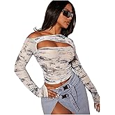 SHENHE Women's Long Sleeve Top Off Shoulder Cutout Slim Fit Tie Dye Print Casual Tops