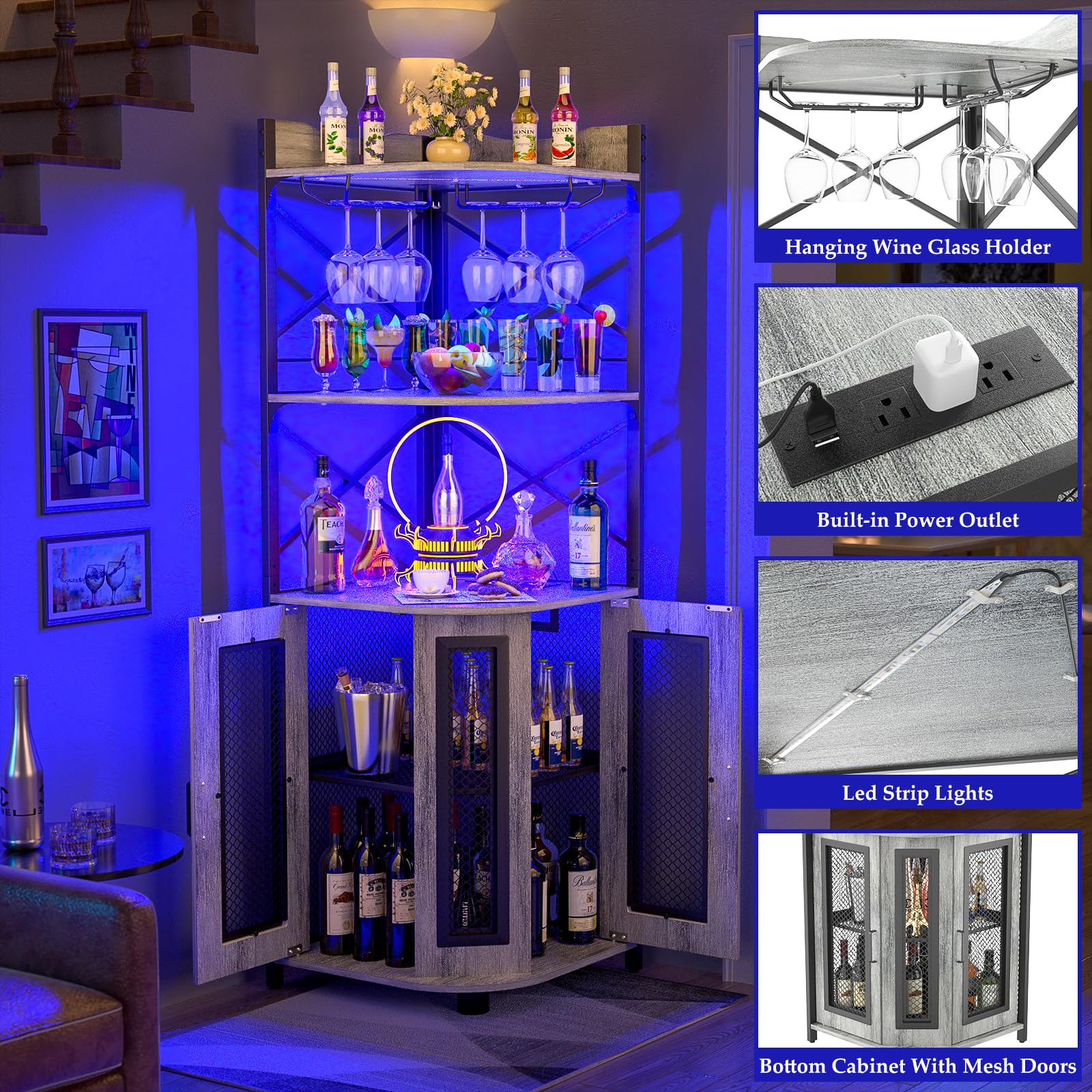 Mua Aheaplus Corner Bar Cabinet with Power Outlet, Industrial Wine ...
