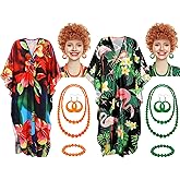 Chicingyou 10pcs Landlady Bulk Costume Set Curly Brown Wig Print Caftan Dresses Jewelry Set for Halloween Women Cosplay Party(Green,Classic)