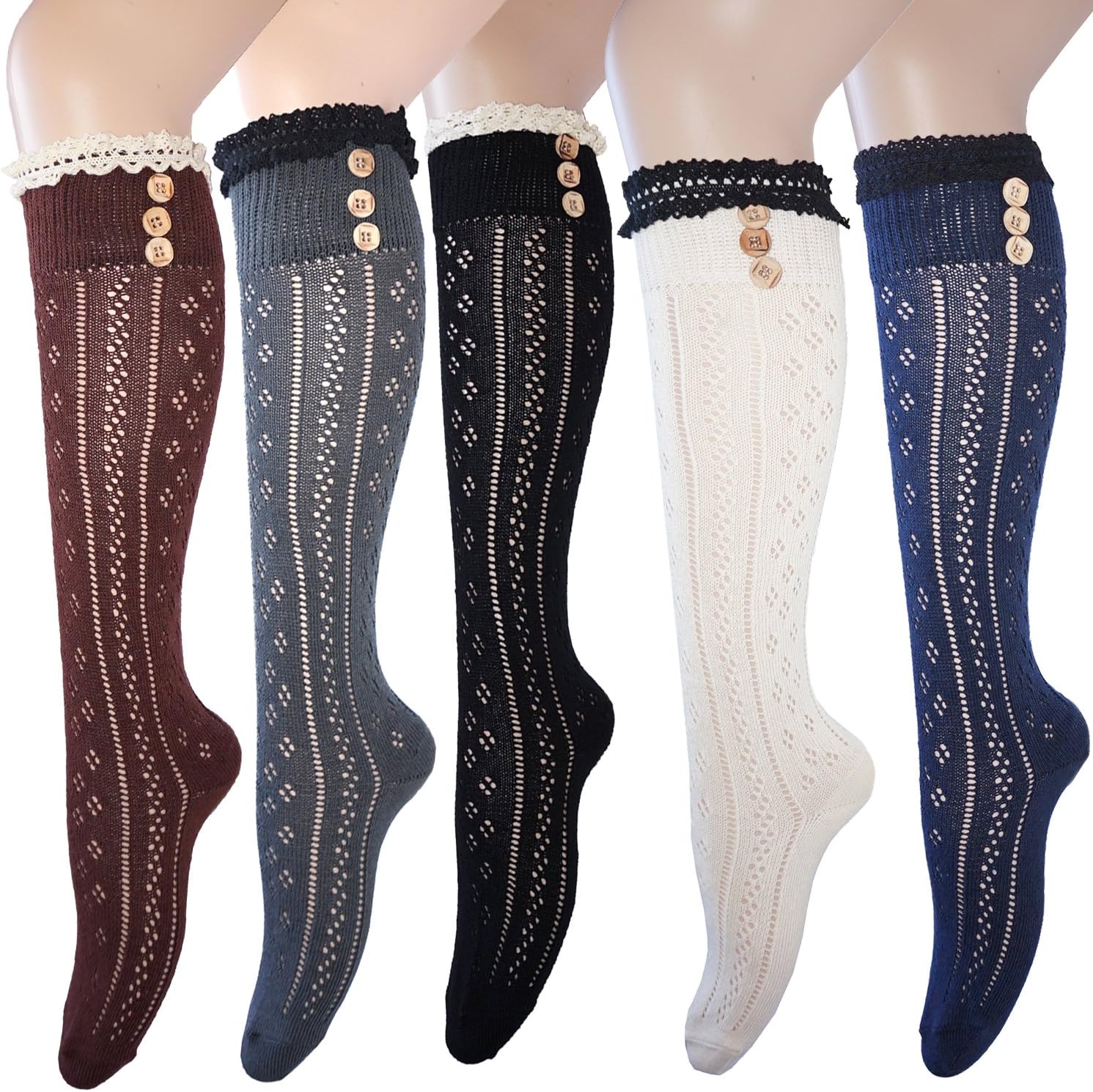Ladies cotton crochet knee high socks with lace & buttons