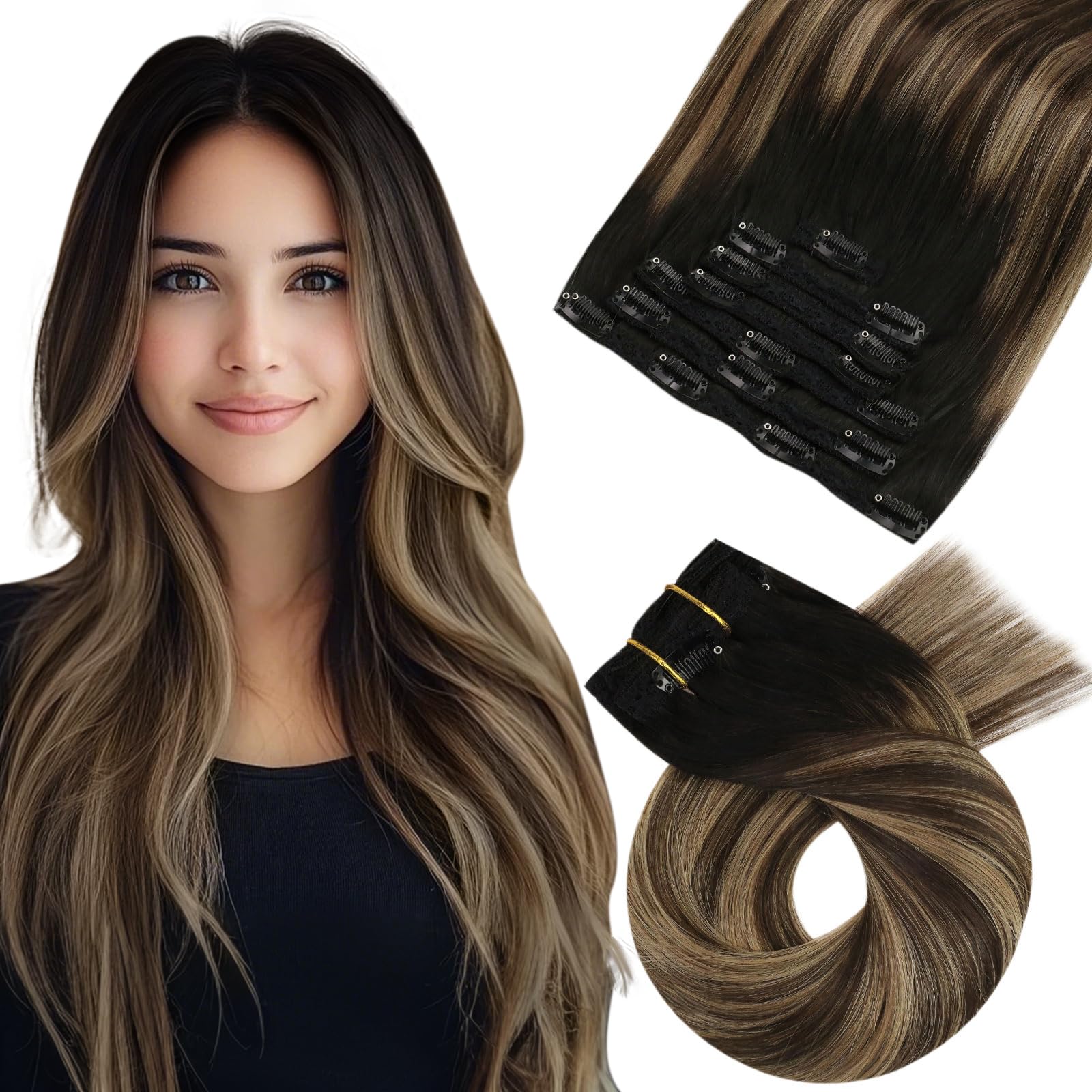 Moresoo Hair Extensions Clip in Balayage Real Hair Clip in Extensions Black Root Ombre to Brown with Blonde Human Hair Clip in Hair Extensions 20 Inch 7Pcs/120g #1B/4/14 — image 1